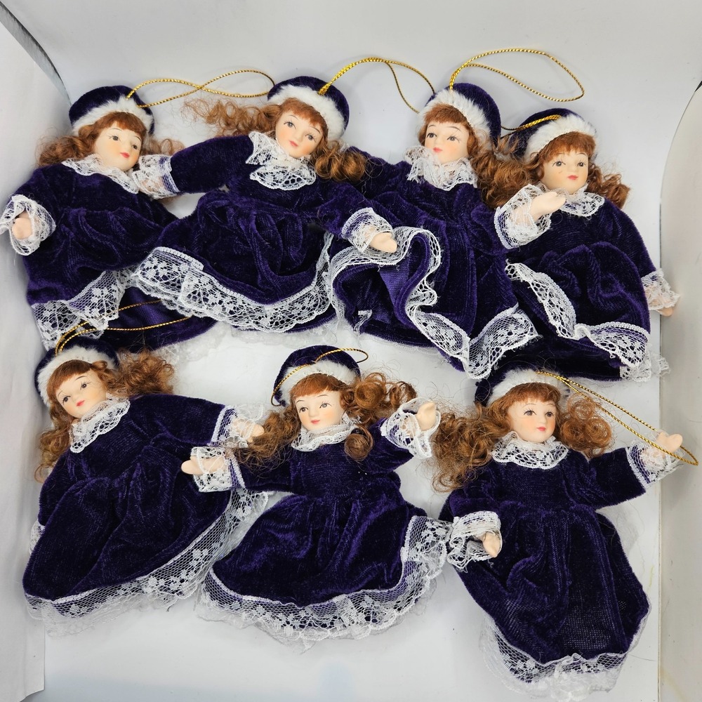 Vintage Lot of 7 Victorian Girl Doll Christmas Ornaments Purple Velvet Lace